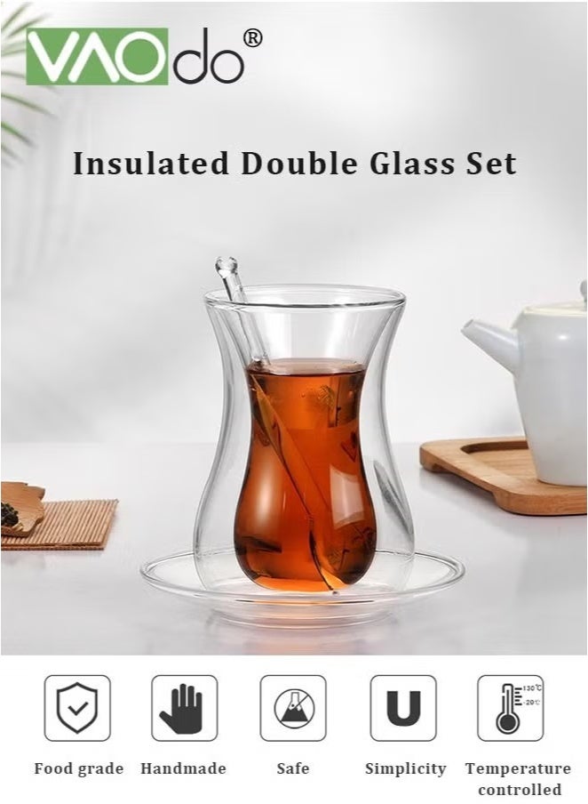VAOdo 12PCS Double Walled Turkish Tea Cups Set, Glass Teacups and Saucers with Glass Spoons Food-grade Glass Material Dishwasher Safe Curved Design Clear 150ML  - Image 2