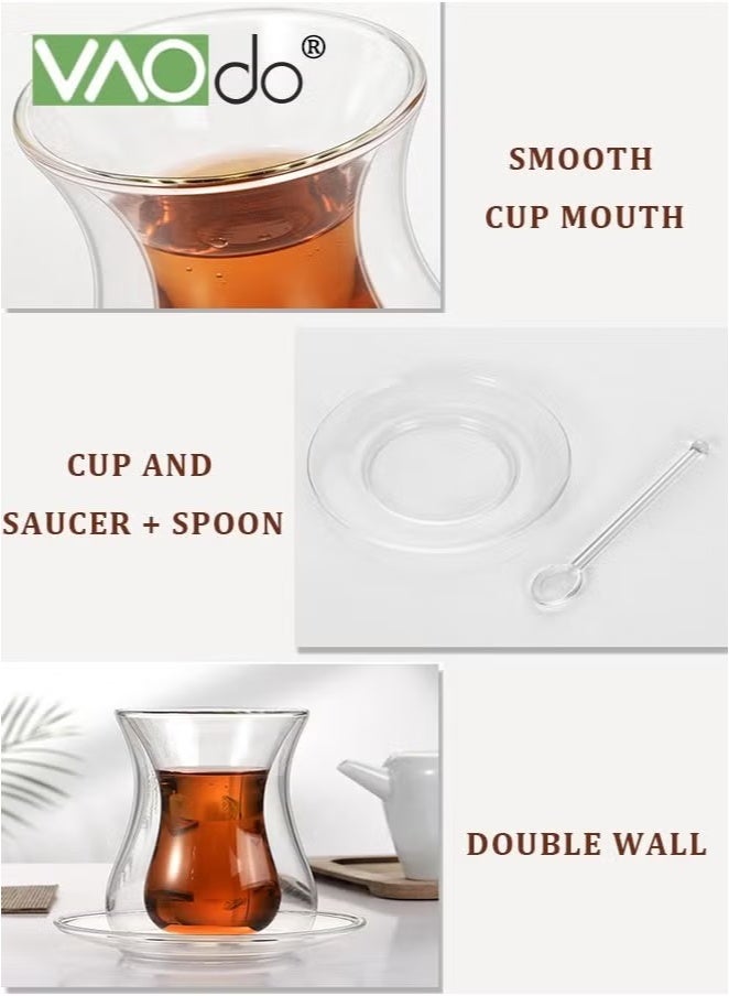 VAOdo 12PCS Double Walled Turkish Tea Cups Set, Glass Teacups and Saucers with Glass Spoons Food-grade Glass Material Dishwasher Safe Curved Design Clear 150ML  - Image 4