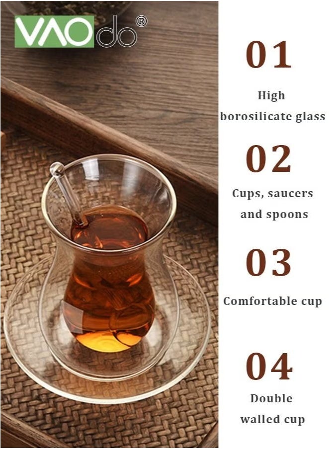 VAOdo 12PCS Double Walled Turkish Tea Cups Set, Glass Teacups and Saucers with Glass Spoons Food-grade Glass Material Dishwasher Safe Curved Design Clear 150ML  - Image 5