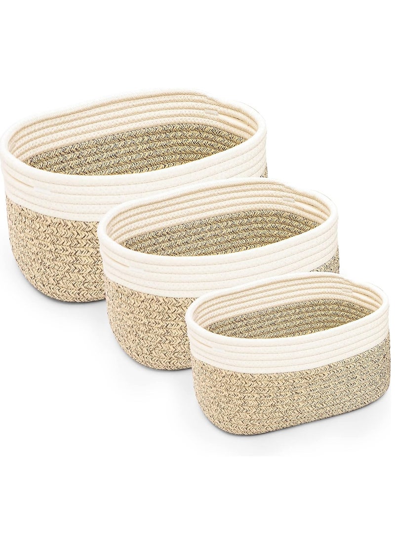 Beauenty Rope Woven Storage Baskets Set of 3 | Small Cotton Rope Basket for Shelves | Nursery Decor Organizer Bins | Bathroom Storage Basket (Brown & White) - Image 1