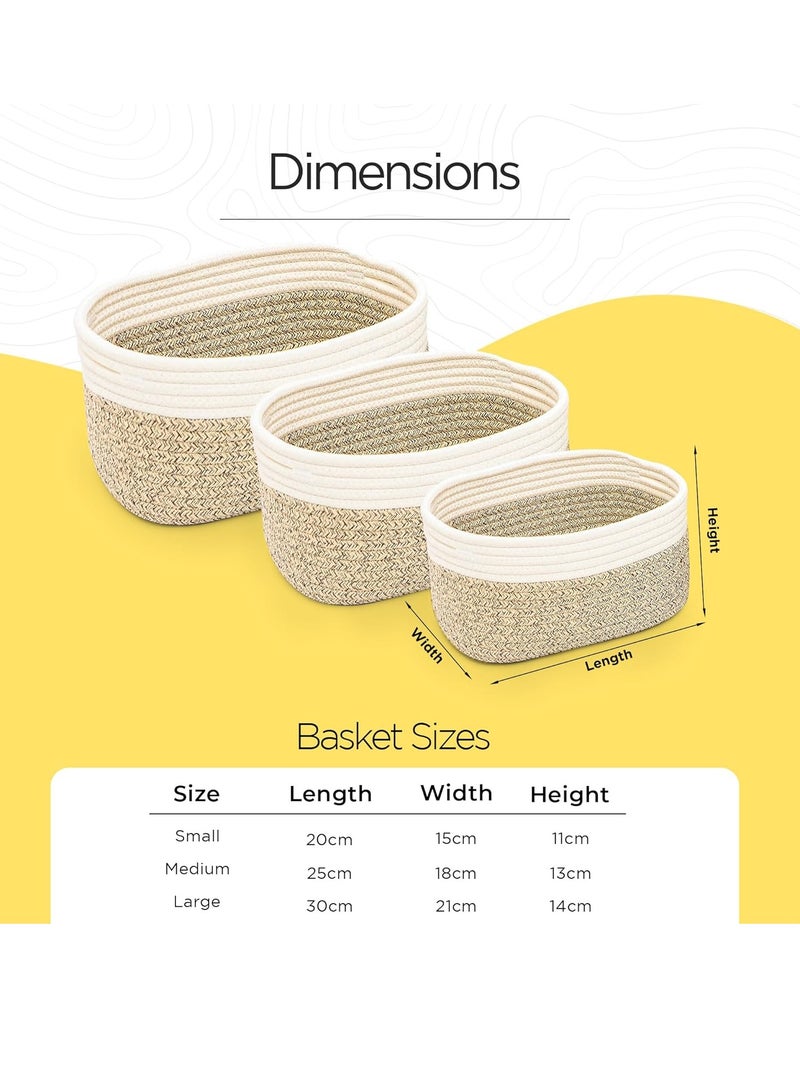 Beauenty Rope Woven Storage Baskets Set of 3 | Small Cotton Rope Basket for Shelves | Nursery Decor Organizer Bins | Bathroom Storage Basket (Brown & White) - Image 2