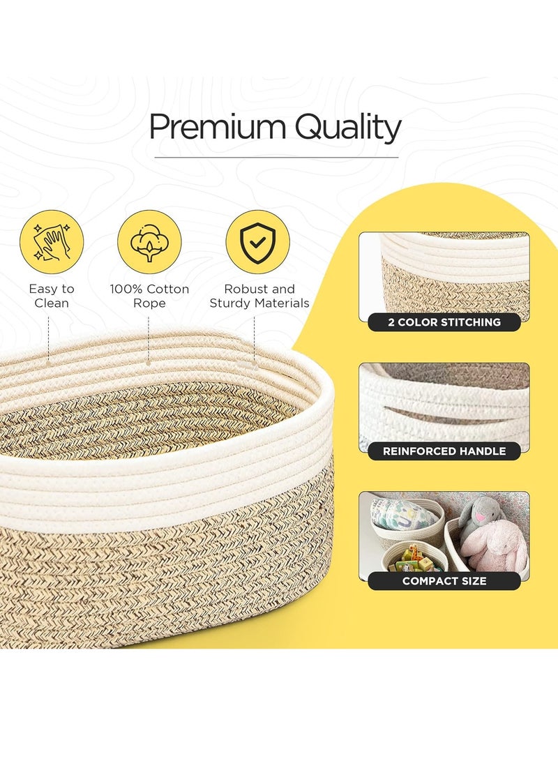 Beauenty Rope Woven Storage Baskets Set of 3 | Small Cotton Rope Basket for Shelves | Nursery Decor Organizer Bins | Bathroom Storage Basket (Brown & White) - Image 3