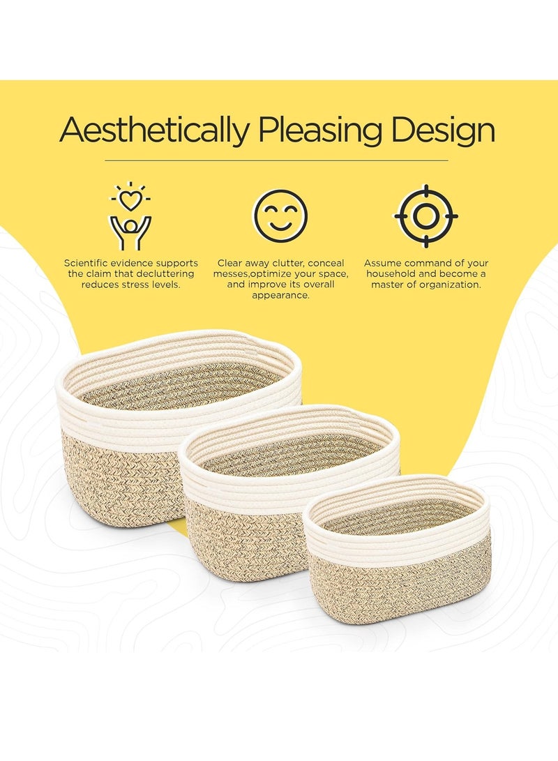 Beauenty Rope Woven Storage Baskets Set of 3 | Small Cotton Rope Basket for Shelves | Nursery Decor Organizer Bins | Bathroom Storage Basket (Brown & White) - Image 4