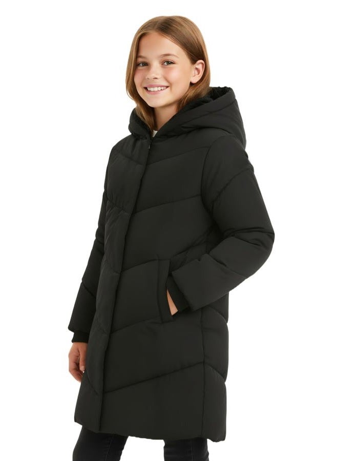SOLOCOTE Girls Winter Coat Water-Resistant Faux Fur-Lined Heavyweight Hooded Puffer Jacket for Kids, Black, 10 years - Image 2
