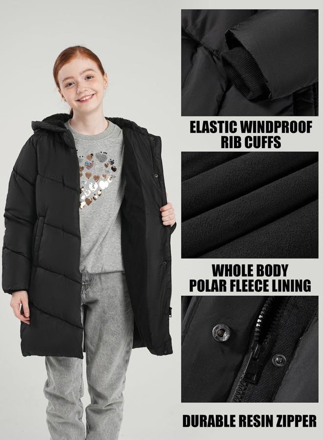 SOLOCOTE Girls Winter Coat Water-Resistant Faux Fur-Lined Heavyweight Hooded Puffer Jacket for Kids, Black, 10 years - Image 5