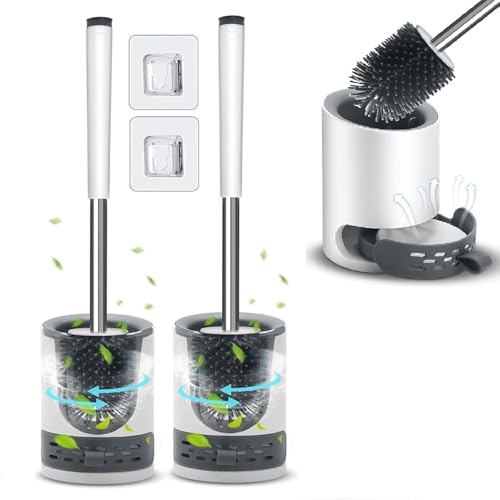 Clyton Pack 2 Silicone Toilet Brush with Holder Stand, Toilet Cleaning Brush with Self Adhesive Wall Mounted Ventilated Drying Stand, Commode Brush, Bathroom Cleaning Brush, Toilet Bowl Cleaner Brush - Image 1