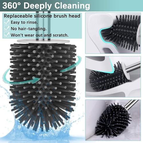 Clyton Pack 2 Silicone Toilet Brush with Holder Stand, Toilet Cleaning Brush with Self Adhesive Wall Mounted Ventilated Drying Stand, Commode Brush, Bathroom Cleaning Brush, Toilet Bowl Cleaner Brush - Image 5