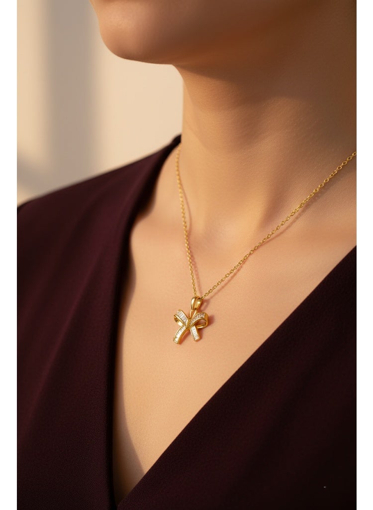 FLUFFY Women’s Necklace with Crystal Bow Pendant, Elegant Style - Image 1