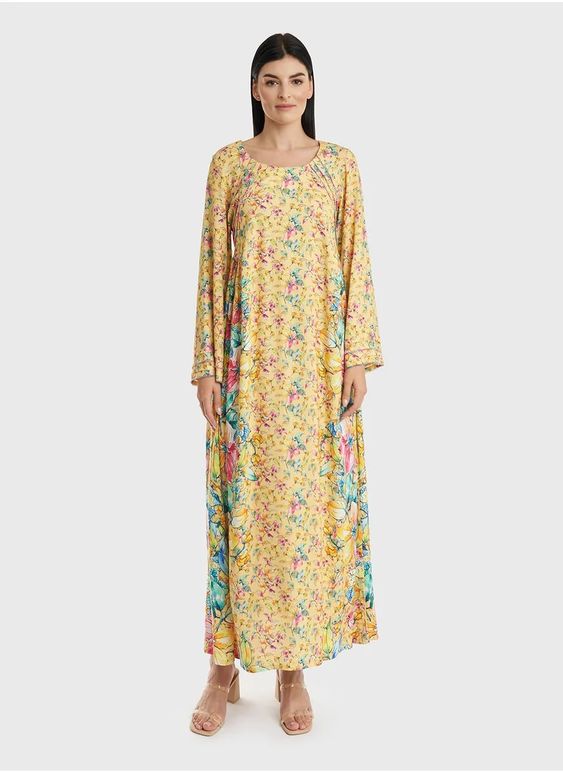 KASHKHA Kuwaiti Cut Floral Print Rayon Jalabiya