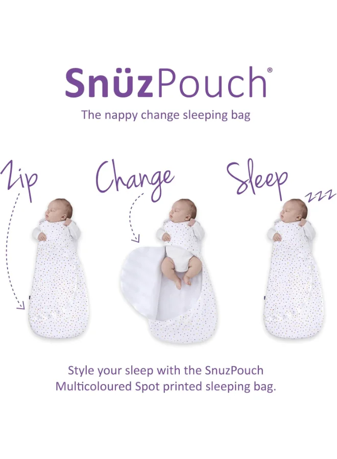 Snuz Pouch Sleeping Bag For Baby And Infant 2.5 Tog Clever Nappy Change Zip 100% Cotton For Temperatures Within 24 - 27 Celsius Suitable From 0 To 6 Months Maximum Baby Length 68 Cm - Multi Spot