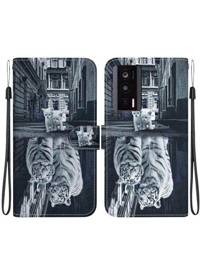 HuHa - Case Cover For Xiaomi Poco F5 Pro Crystal Texture Colored Drawing Leather Phone Case Cat Tiger Reflection - Image 1