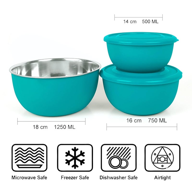 Zaib Classic Microwave Safe Steel Container with Lid for kitchen Set of 3 Capacity 500ml800ml1250ml Turquoise_Classic2 - Image 4