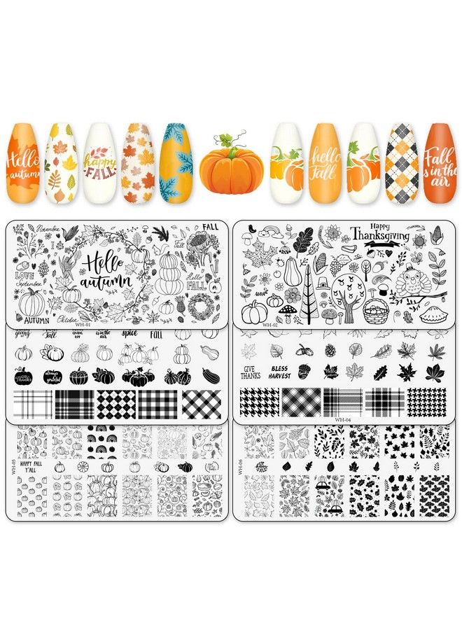 Whaline 6Pcs Fall Thanksgiving Theme Nail Art Stamping Plate Kit Various Pattern Pumpkin Maple Autumn Blessing Collection Nail Art Plate For Thanksgiving Day Nail Art Design Diy Print Manicure Salon - Image 2