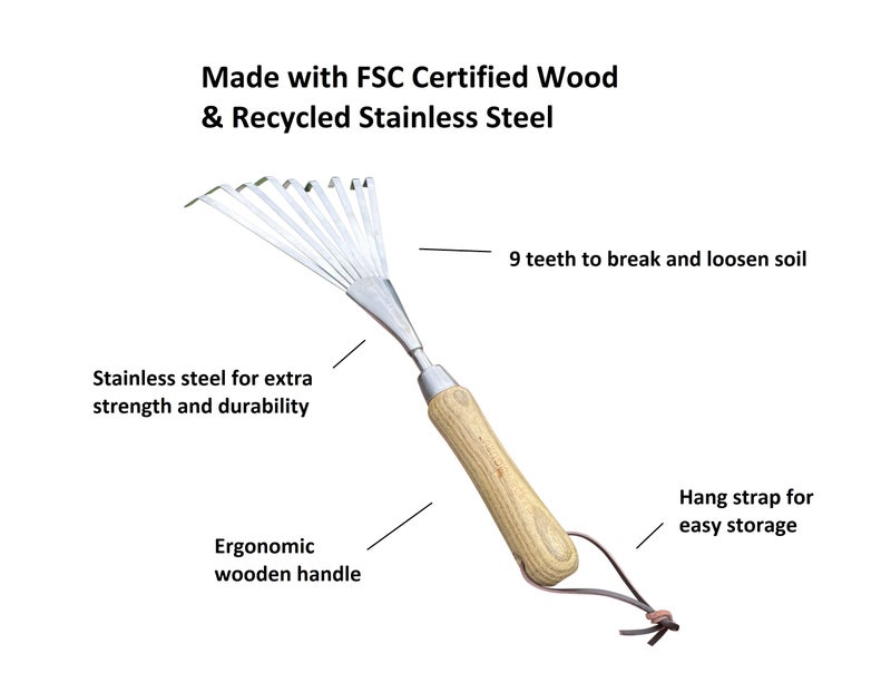 Garden Guru Lawn & Garden Tools Garden Guru Eco Hand Rake Soil Tiller- 100% Recycled Stainless Steel - Rust Resistant - FSC Certified Wood Ergonomic Handle - Great for Gardening, Cultivating, Loosening Soil & Spreading Mulch - Image 2