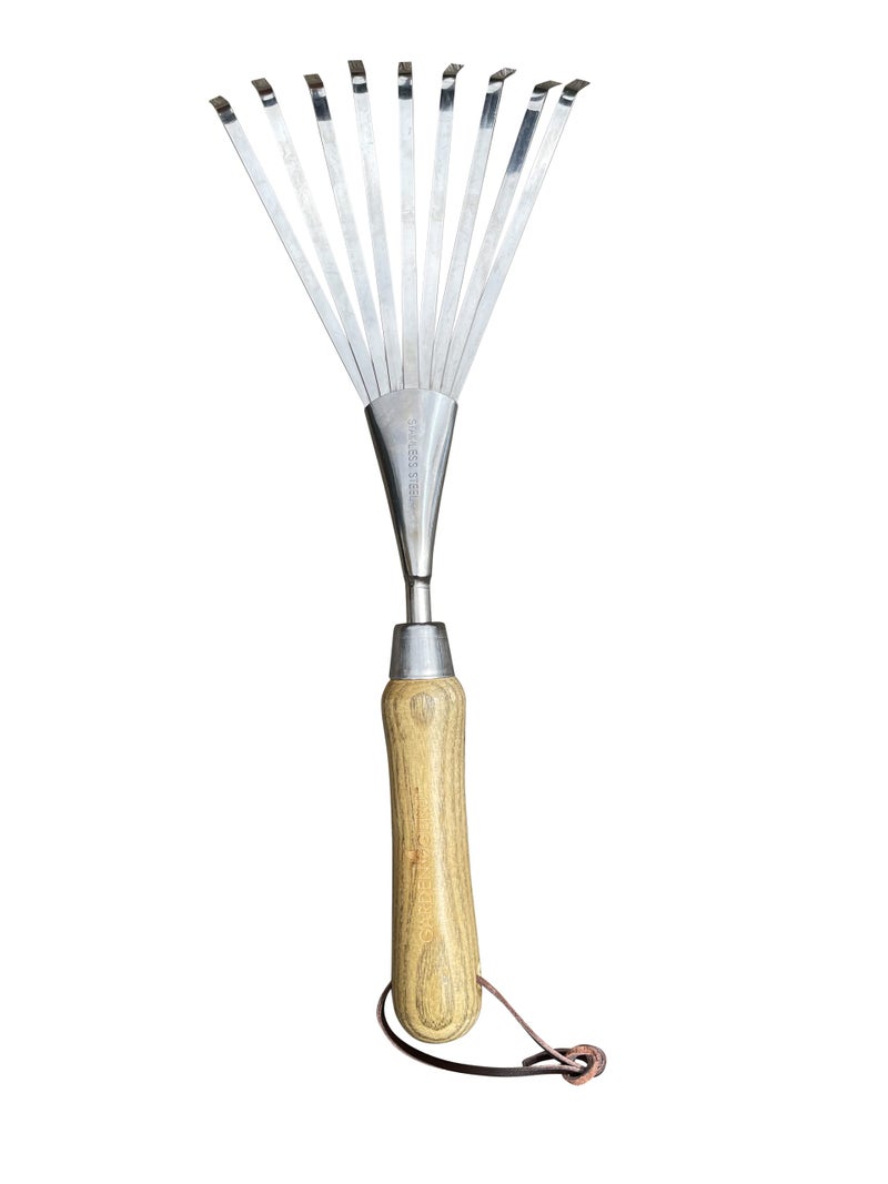 Garden Guru Lawn & Garden Tools Garden Guru Eco Hand Rake Soil Tiller- 100% Recycled Stainless Steel - Rust Resistant - FSC Certified Wood Ergonomic Handle - Great for Gardening, Cultivating, Loosening Soil & Spreading Mulch - Image 3