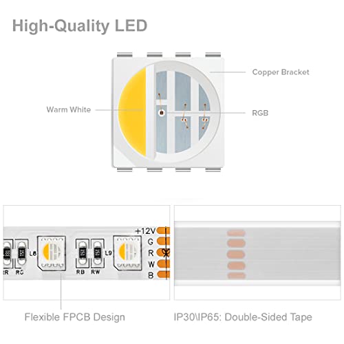 BTF-LIGHTING 5050 RGBW RGB+Warm White(2700K-3000K) 4 Colors in 1 LED Tape Light DC12V 5m 16.4ft 60LED/m Multi-Colored IP67 White 14mm PCB for Bedroom Kitchen Home Decoration(No Adapter or Controller) - Image 3