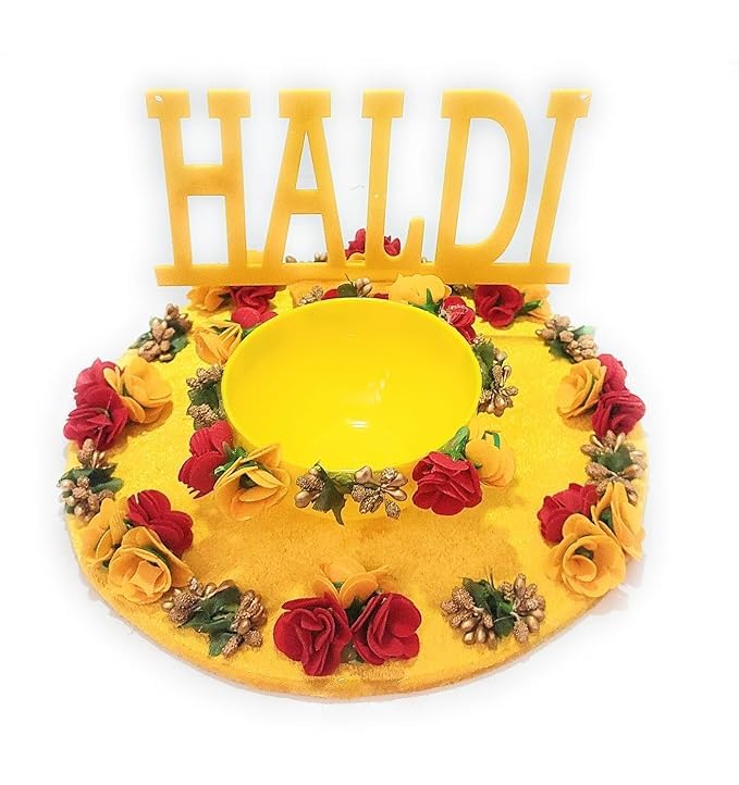 Wood Haldi Platter for Haldi Ceremony I Haldi Platter for Wedding | Haldi Mehandi Platter I Marriage Decor Haldi Platter | Haldi Tray- Yellow Red