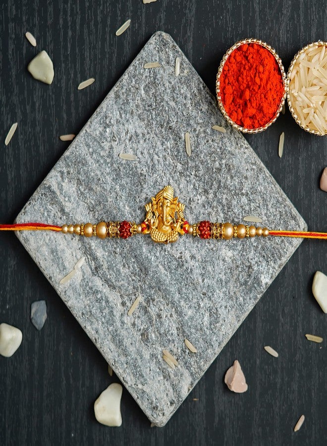 Ingo creation Elegant Designer Gold Ganesha Rakhi/Band for Beloved Brother with Tilak Material & Greeting Card - Image 2