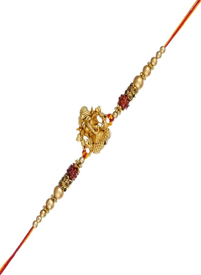 Ingo creation Elegant Designer Gold Ganesha Rakhi/Band for Beloved Brother with Tilak Material & Greeting Card - Image 1