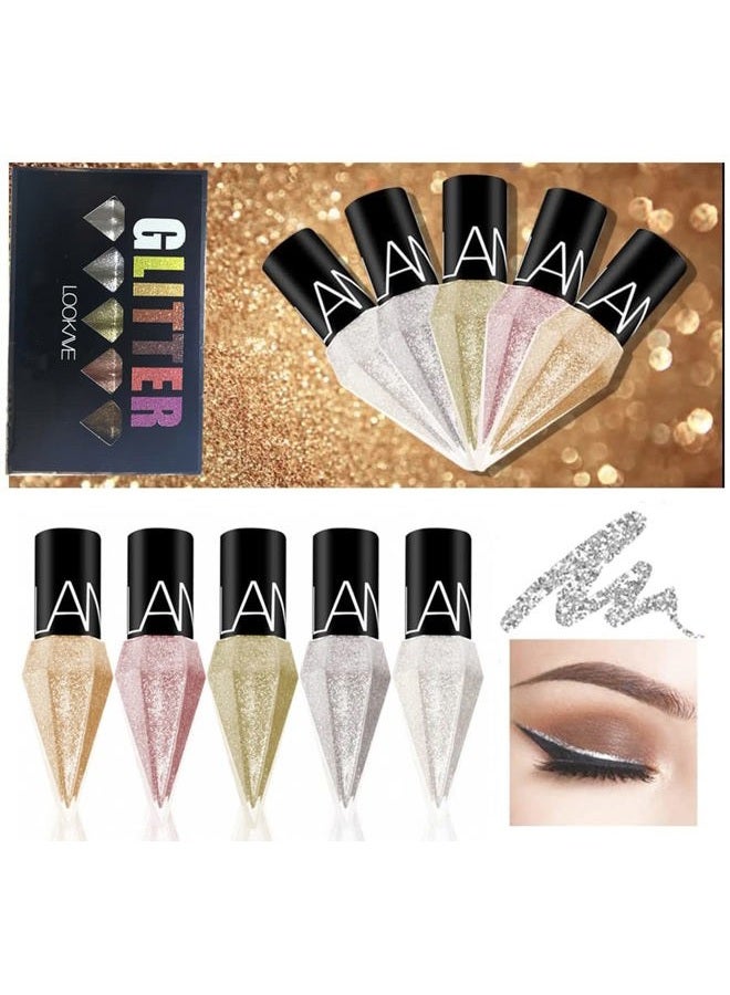 Go Ho Glitter Liquid Eyeliner Colorful Set,5 Colors Metallic Shimmer White Silver Gold Diamond Eye Liner,Glitter Eyeliner Eyeshadow Shine,Waterproof Long Lasting Glow Sparkle Eye Makeup - Image 1