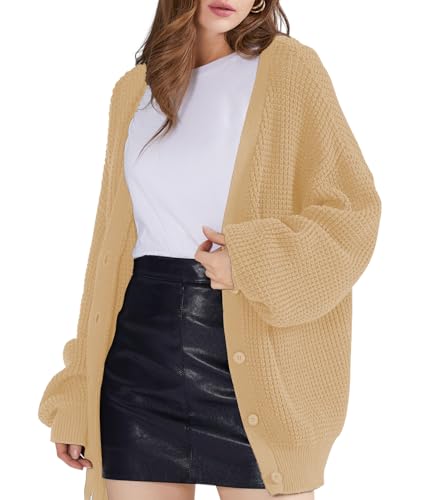 QUALFORT Women's Cardigan Sweaters for Women 100% Cotton Button-Down Long Sleeve Oversized Knit Coats Beige Small - Image 1