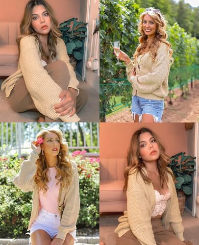 QUALFORT Women's Cardigan Sweaters for Women 100% Cotton Button-Down Long Sleeve Oversized Knit Coats Beige Small - Image 4