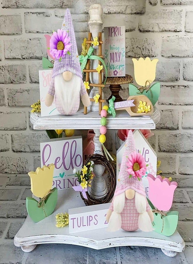 Gehydy Set of 2 Spring Gnomes Summer Easter Sunflower Gnome Decoration Handmade Scandinavian Tomte Farmhouse Decor for Home Kitchen Tiered Tray - Pink & Purple - Image 4