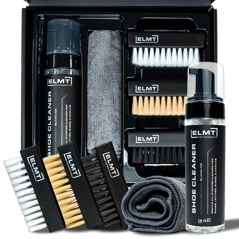 Blackline ELMT Shoe Cleaner Kit â€” Ideal Sneaker, Canvas, Mesh, Nubuck, Sheepskin, Leather, Suede Shoe Cleaner â€” US-Made, Safe, 10X Potent Shoe Cleaning Kit (8 oz Solution, 3 Brushes, Microfiber Towel) - Image 1