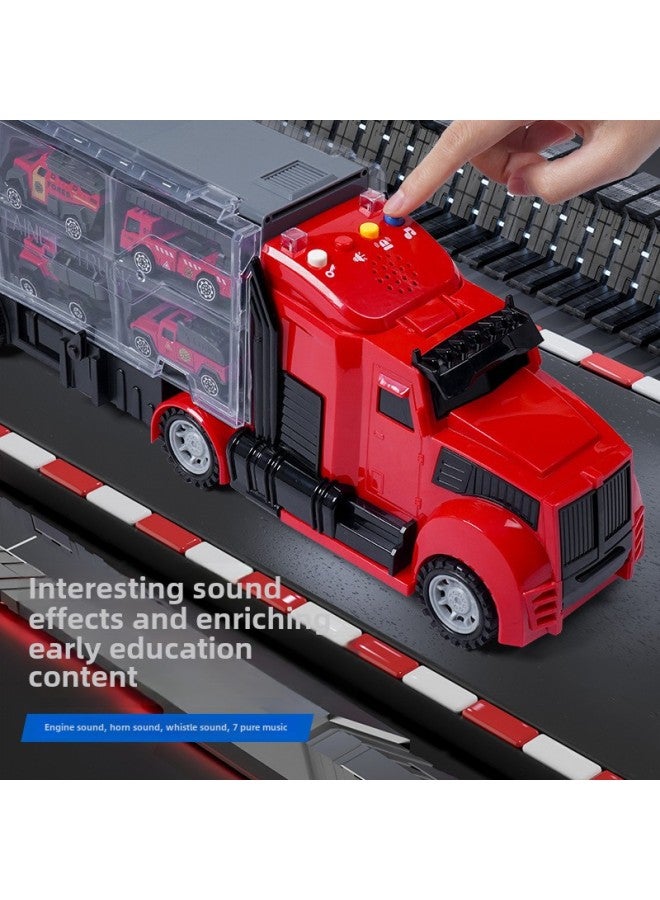 Alloy Engineering Vehicle Children's Storage Container Truck Large Rail Transport Vehicle Early Education Educational Toys Car Wholesale-Color:Fire Short-head Container Truck + Equation Racing Helicopter  - Image 4