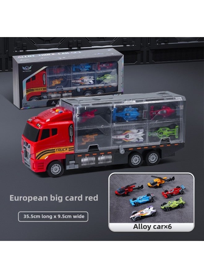 Alloy Engineering Vehicle Children's Storage Container Truck Large Rail Transport Vehicle Early Education Educational Toys Car Wholesale-Color:Fire Short-head Container Truck + Equation Racing Helicopter  - Image 1