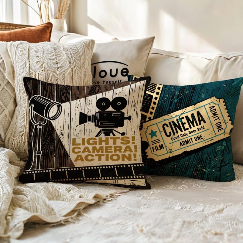 ULOVE LOVE YOURSELF 4pack Vintage Cinema Poster Pillow Covers Movie Theater with Popcorn,Filmstrip,Clapboard Pattern Home Decor Couch Pillow Case 18 X 18 Inch (Popcorn Cinema) - Image 5