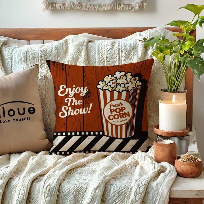 ULOVE LOVE YOURSELF 4pack Vintage Cinema Poster Pillow Covers Movie Theater with Popcorn,Filmstrip,Clapboard Pattern Home Decor Couch Pillow Case 18 X 18 Inch (Popcorn Cinema) - Image 2