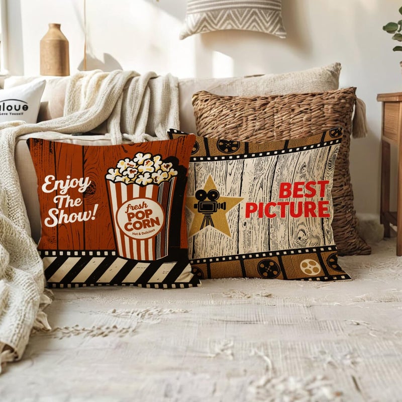 ULOVE LOVE YOURSELF 4pack Vintage Cinema Poster Pillow Covers Movie Theater with Popcorn,Filmstrip,Clapboard Pattern Home Decor Couch Pillow Case 18 X 18 Inch (Popcorn Cinema) - Image 4