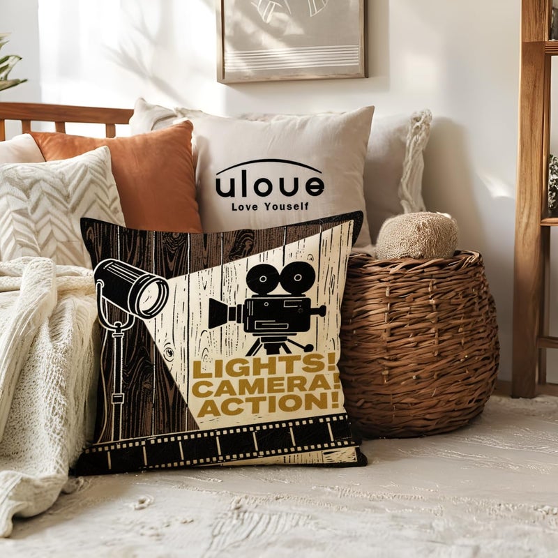 ULOVE LOVE YOURSELF 4pack Vintage Cinema Poster Pillow Covers Movie Theater with Popcorn,Filmstrip,Clapboard Pattern Home Decor Couch Pillow Case 18 X 18 Inch (Popcorn Cinema) - Image 3
