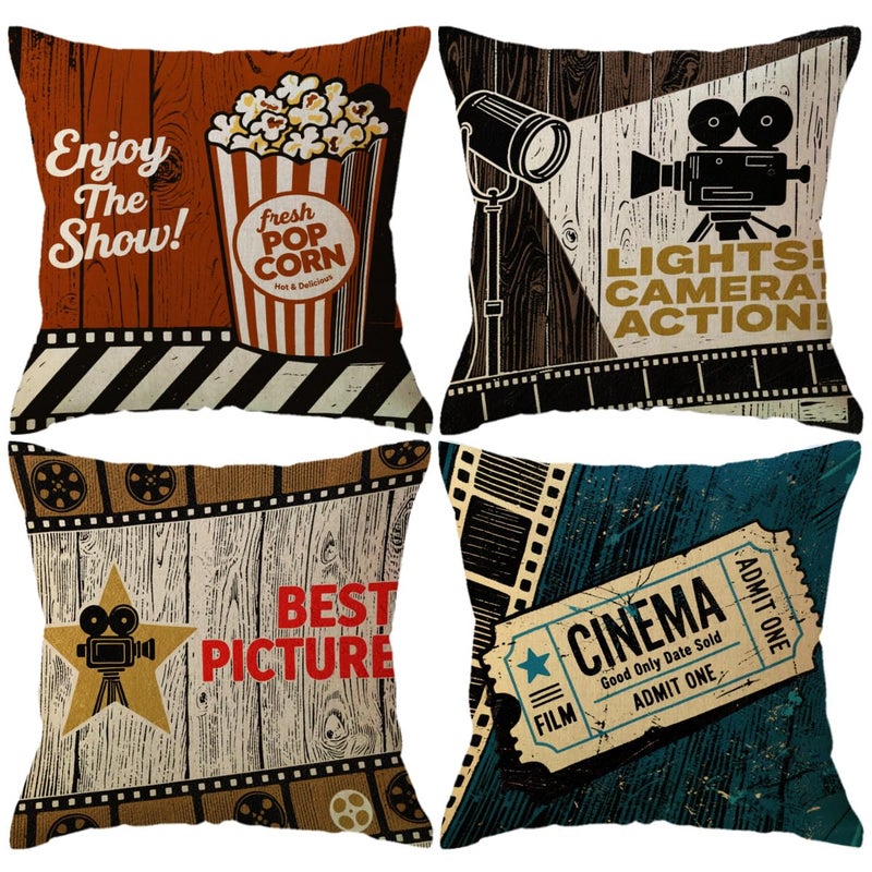 ULOVE LOVE YOURSELF 4pack Vintage Cinema Poster Pillow Covers Movie Theater with Popcorn,Filmstrip,Clapboard Pattern Home Decor Couch Pillow Case 18 X 18 Inch (Popcorn Cinema) - Image 1