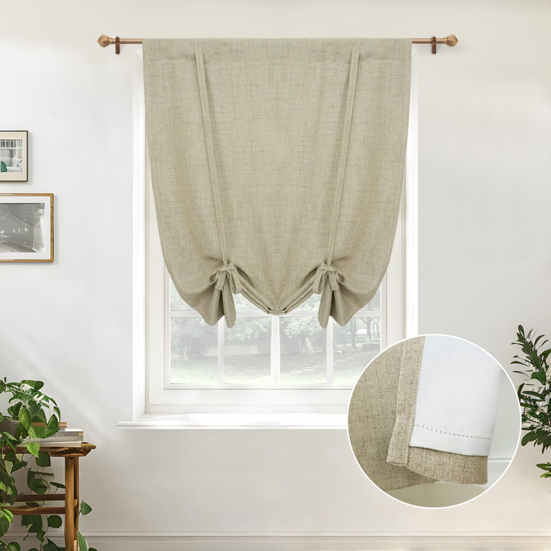 DriftAway Double Layer Linen Blackout Tie Up Curtains Thermal Insulated Fully Lined Balloon Roman Shade Bathroom Window Adjustable Rod Pocket for Small Window 25 Inch by 47 Inch Light Khaki Linen - Image 1
