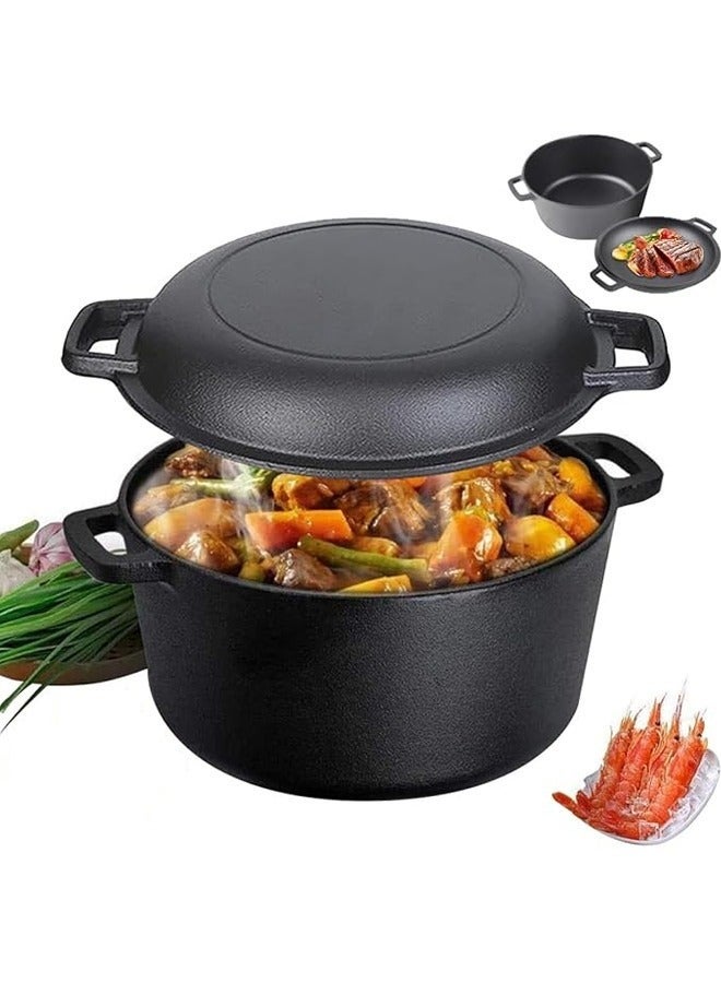 2 in 1 Cast Iron Dutch Oven, 4.7L Oven Pot Dual Function Skillet Pan Cast Lid Pre Seasoned for Camping Home Cooking BBQ Baking Picnic Indoor Outdoor Kitchen Tools for All Hobs(Diameter 26cm) - Image 1