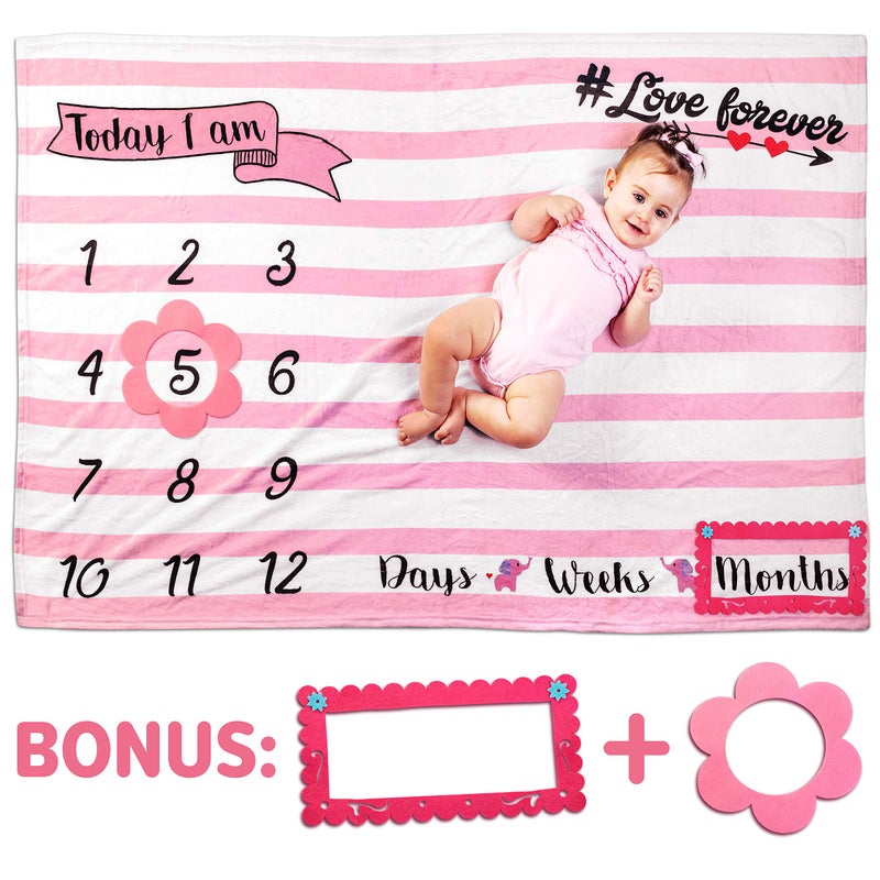 Tiny Gifts Baby Girl Milestone Blanket, Monthly Blanket Fleece, Personalized Blankets, Milestone Girls, New Baby Gifts Sets, Month-to-Month Growth, Newborn Essentials 60"x40" - Image 1