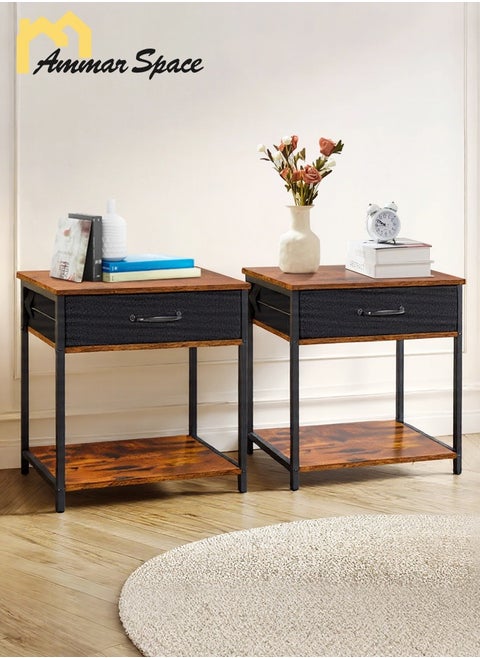 2Pcs Coffee Service Table Set Sofa Side Nesting Table End Table For Home Living Room Bedroom Small Coffee Table with Storage Fabric Drawer Metal Frame Easy Assembly
