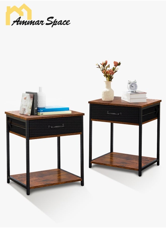 2Pcs Coffee Service Table Set Sofa Side Nesting Table End Table For Home Living Room Bedroom Small Coffee Table with Storage Fabric Drawer Metal Frame Easy Assembly