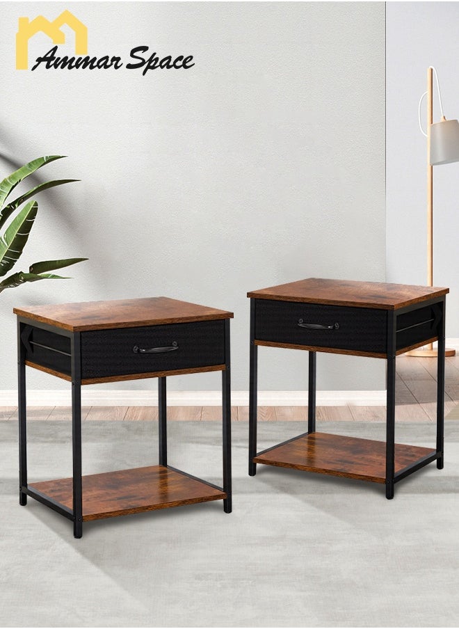 2Pcs Coffee Service Table Set Sofa Side Nesting Table End Table For Home Living Room Bedroom Small Coffee Table with Storage Fabric Drawer Metal Frame Easy Assembly