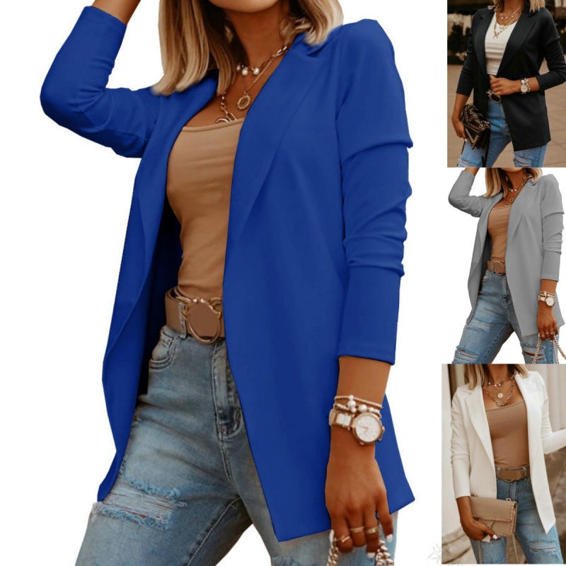 Loose Fit Plain Lapel Cardigan Blazer Jacket for Women - Image 1
