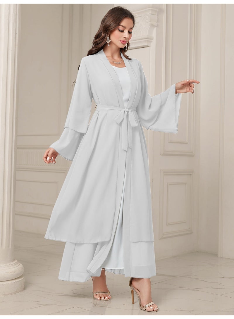 MSL4 Modest Abaya Double-Layer Chiffon Belted Open Front Ramadan - Image 4