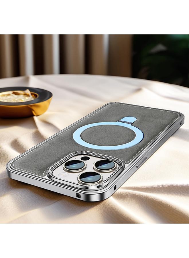 اس-توب جراب لهاتف iPhone 15 Pro Max بإطار معدني من الجلد الشمعي الزيتي مع حامل مشبك زنبركي - Image 1