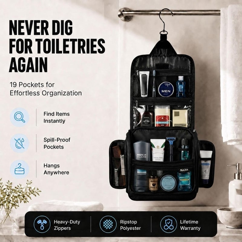 AvaJex Premium Hanging Travel Toiletry Wash Bag for Men and Women - Large Toiletry Organizer - Waterproof Hygiene Bag with Metal Swivel Hook, YKK Zippers and 19 Compartments for Toiletries, Makeup, Cosmetics - Image 2