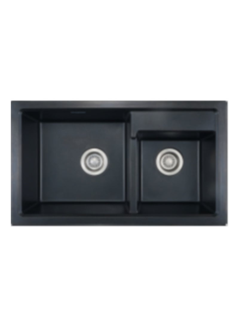 Granite Undermount Double Bowl Kitchen Sink - SZS0802024, Black Color, 80% Quartz 20% Acrylic Resin, Basket Waste & Pipe Included, 782 × 450 × 200 mm