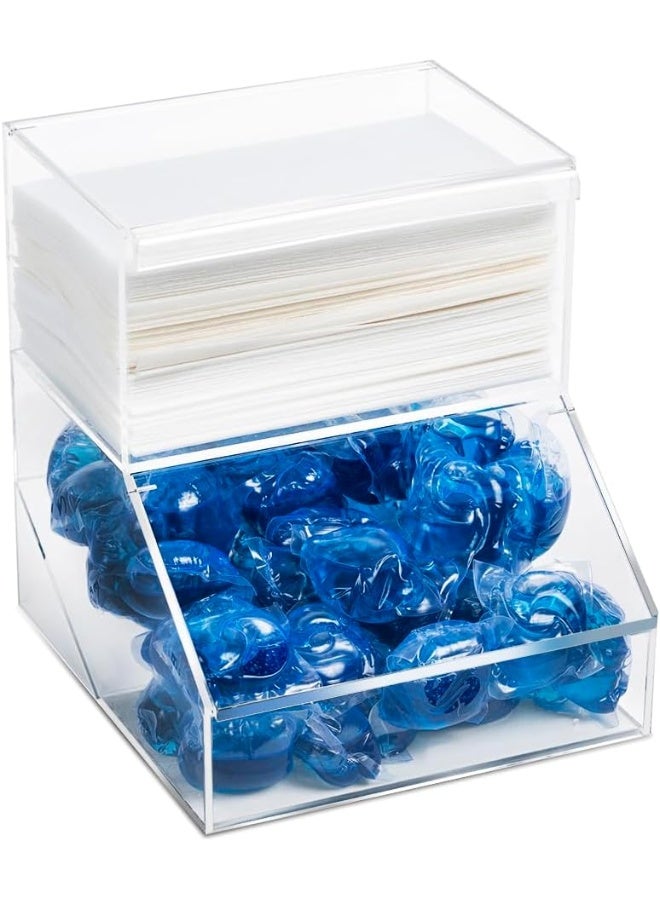 TPGP Laundry Pod Holder & Dryer Sheet Dispenser - 2 Compartment Acrylic Container w/Lids for Storing Clothes Pins, Cotton Balls, Dishwasher Pods for Laundry Room Organization - Image 1