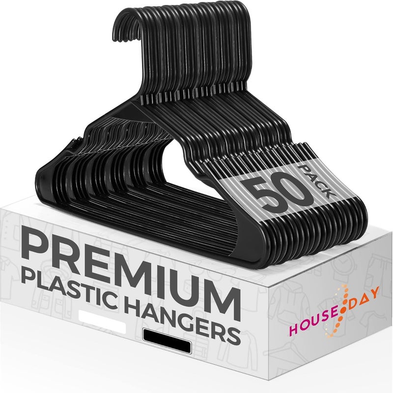 HOUSE DAY Pack of 50 Plastic Trouser Hangers - Non-Slip, Space Saving, Durable for Clothes, Black - Image 1