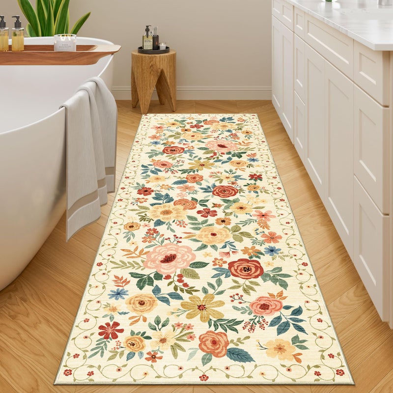 DUKINO 2x3 Rugs for Entryway, Floral Indoor Washable Door Mat, Non Slip Boho Small Rug for Kitchen, Soft Low Pile Front Door Throw Rug for Entrance, Bedroom, Kitchen, Laundry, Bathroom, Beige Yellow - Image 3