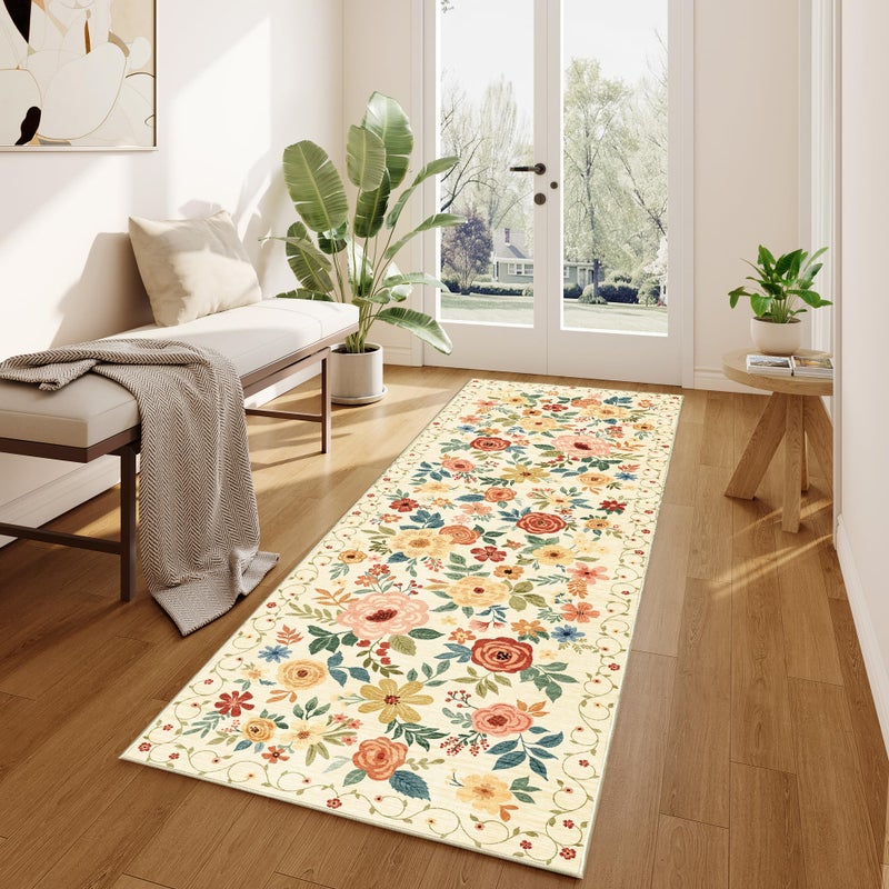 DUKINO 2x3 Rugs for Entryway, Floral Indoor Washable Door Mat, Non Slip Boho Small Rug for Kitchen, Soft Low Pile Front Door Throw Rug for Entrance, Bedroom, Kitchen, Laundry, Bathroom, Beige Yellow - Image 2